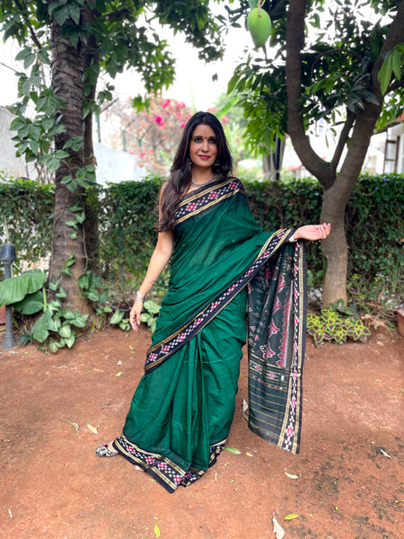 | Emerald Hues | Green Handwoven pasapalli border Sambalpuri ikat saree in cotton.