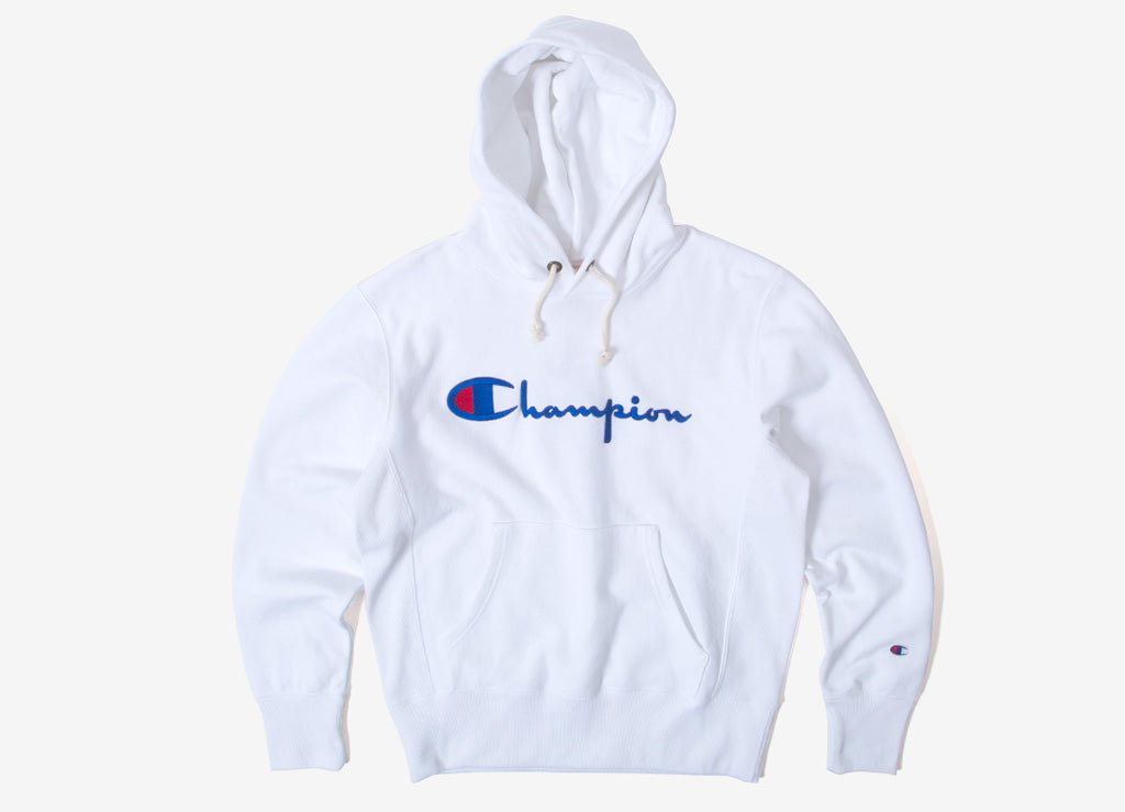 white champion hoodie with blue logo