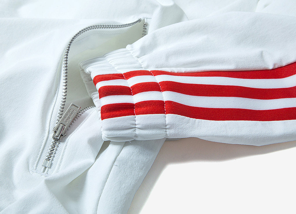 white adidas jacket with red stripes