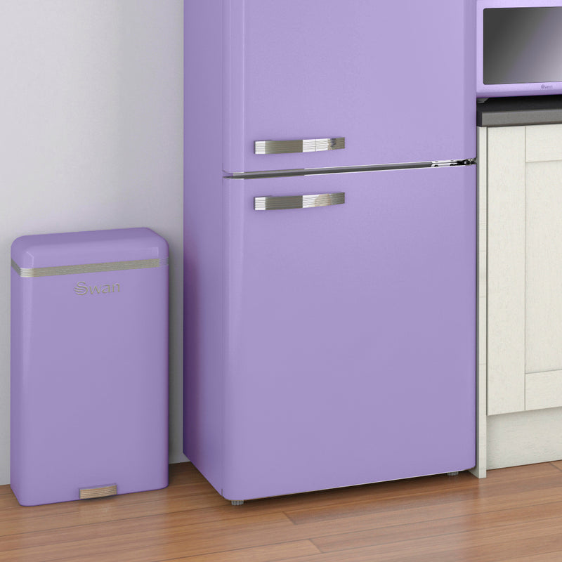 Photograph of Purple Swan Retro 45L Square Sensor Bin and Purple Retro Fridge Freezer in kitchen
