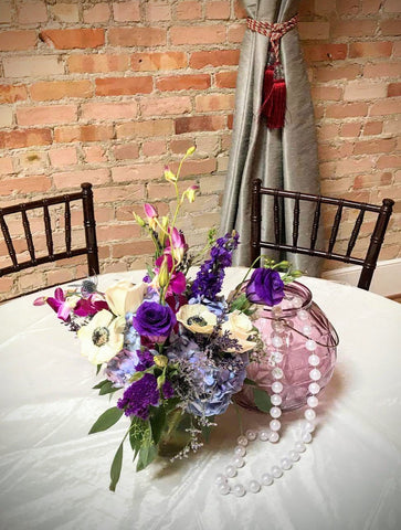 lavender vintage wedding centerpiece with flowers