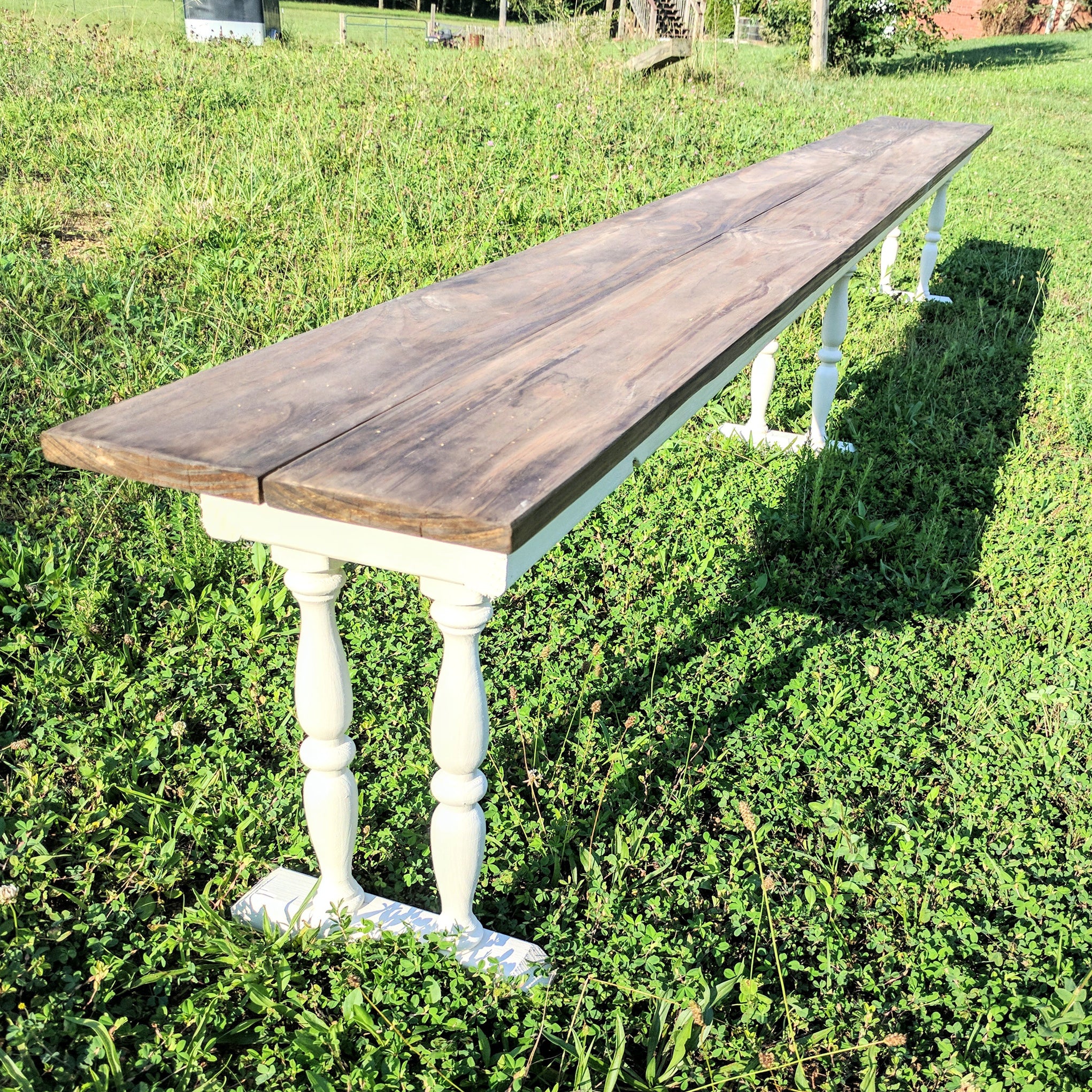 8 Farmhouse Table Rental The Wedding Shop   10 Foot Farmhouse Spindle Leg Ceremony Bench 2 