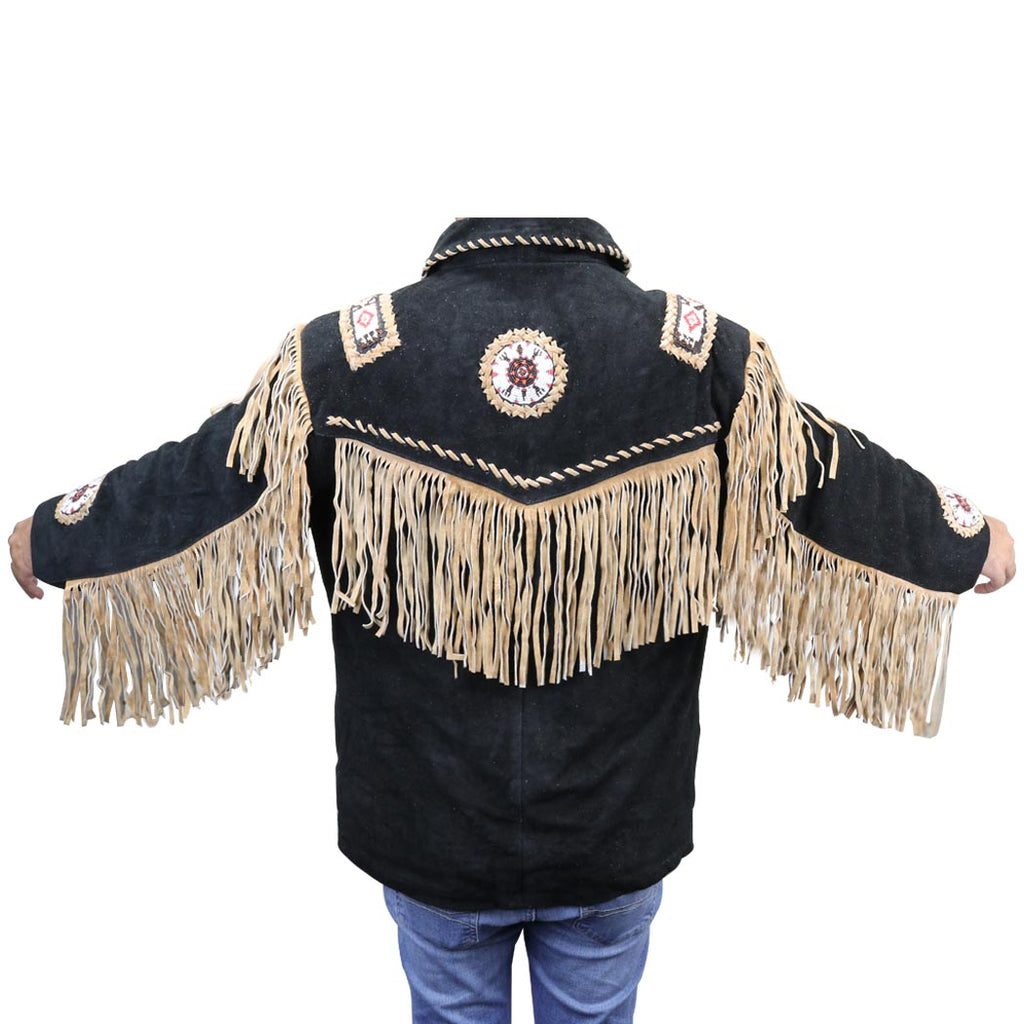 Perrini Native American Leather Jacket Cowboy Coat With Fringe & Beads ...