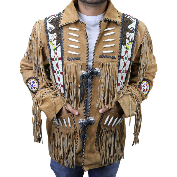 Perrini Native American Leather Jacket Cowboy Coat With Fringe & Beads ...