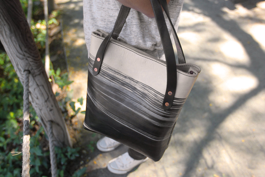 Hand dyed classic leather tote bag close up