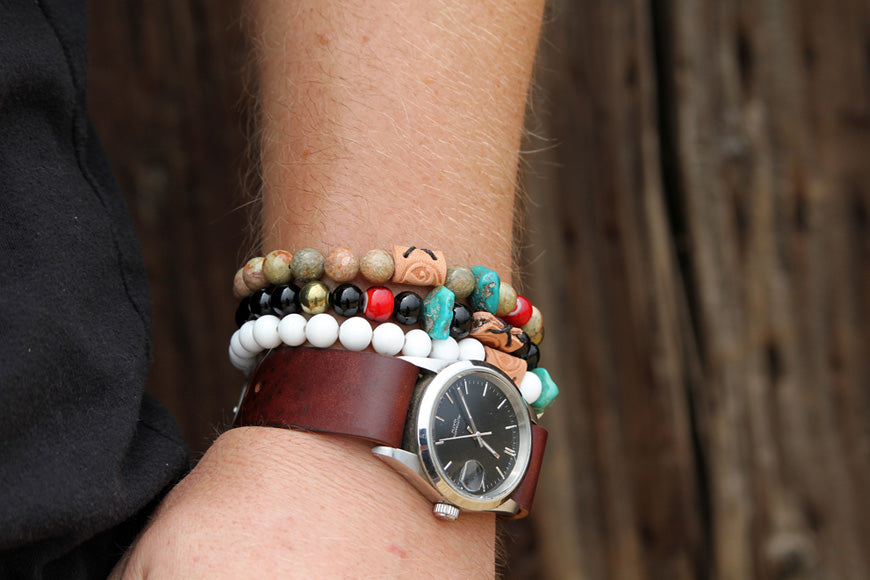 mens bead bracelets with horween shell cordovan watch strap
