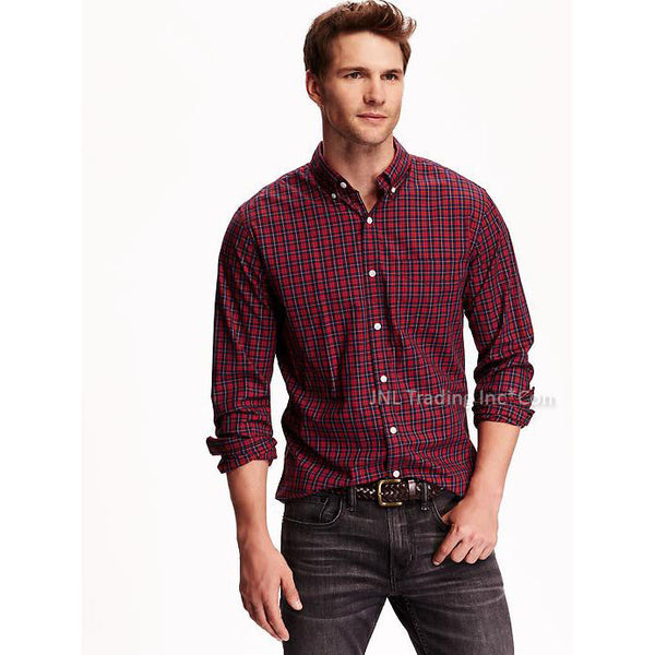 Old Navy Men's Slim-Fit Long Sleeve 100% Cotton Poplin Tartan Plaid Sh ...