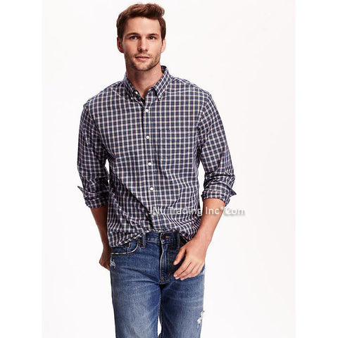 Old Navy Men's Slim-Fit Long Sleeve 100% Cotton Poplin Tartan Plaid Sh ...