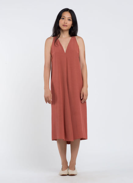 KAAREM - Sum Sleeveless V-Neck Silk Dress - Terracotta