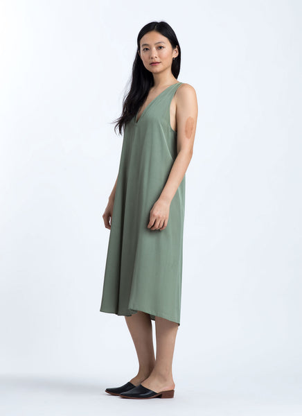 KAAREM - Sum Sleeveless V-Neck Silk Dress - Moss Green