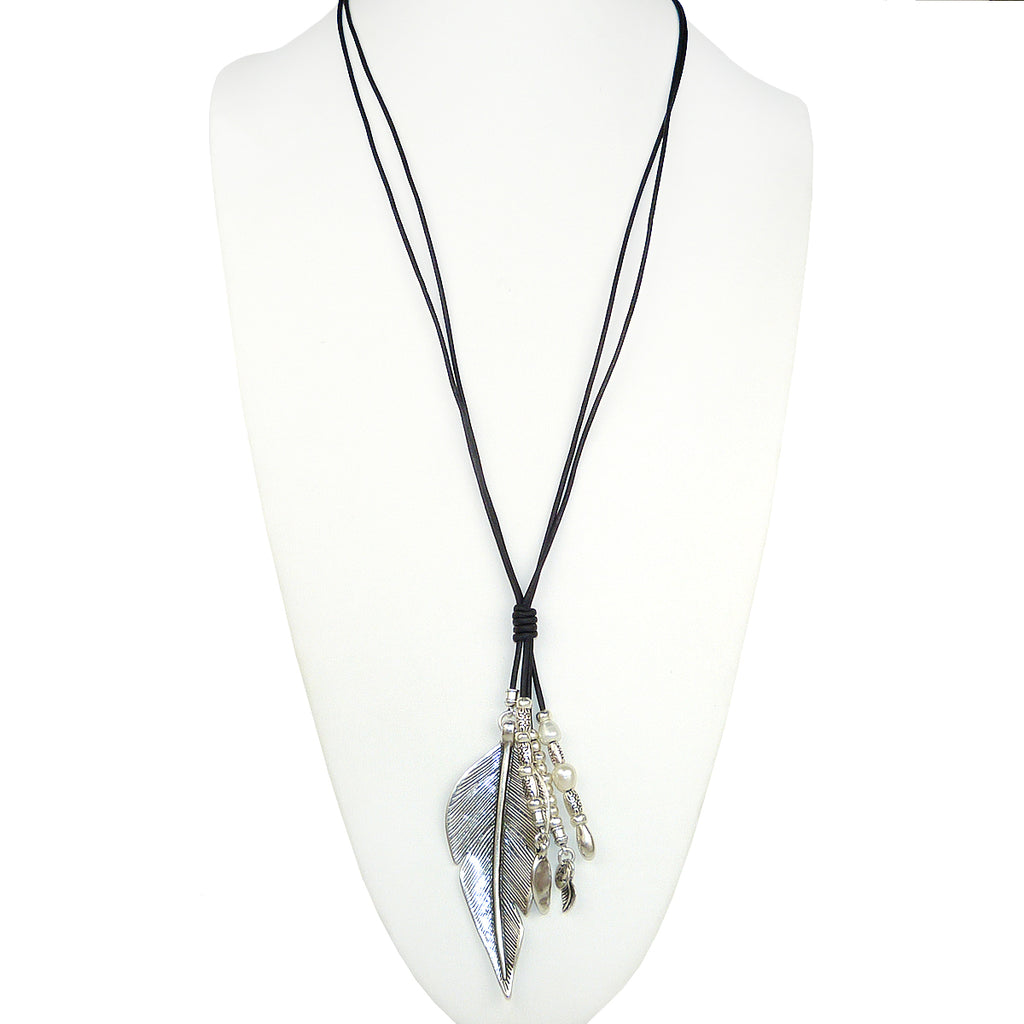 Lilly's Allure Black Leather Silver Pearl Feather Necklace N29 Wear w ...