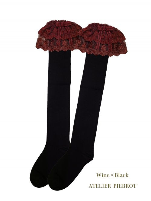 Lace Over Knee Socks - Black x Wine