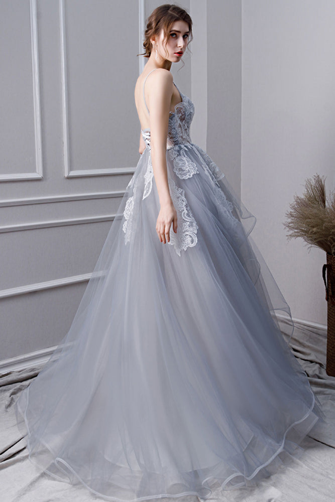 Gray Tulle Lace Long Prom Dress Gray Tulle Lace Evening Dress Shdress