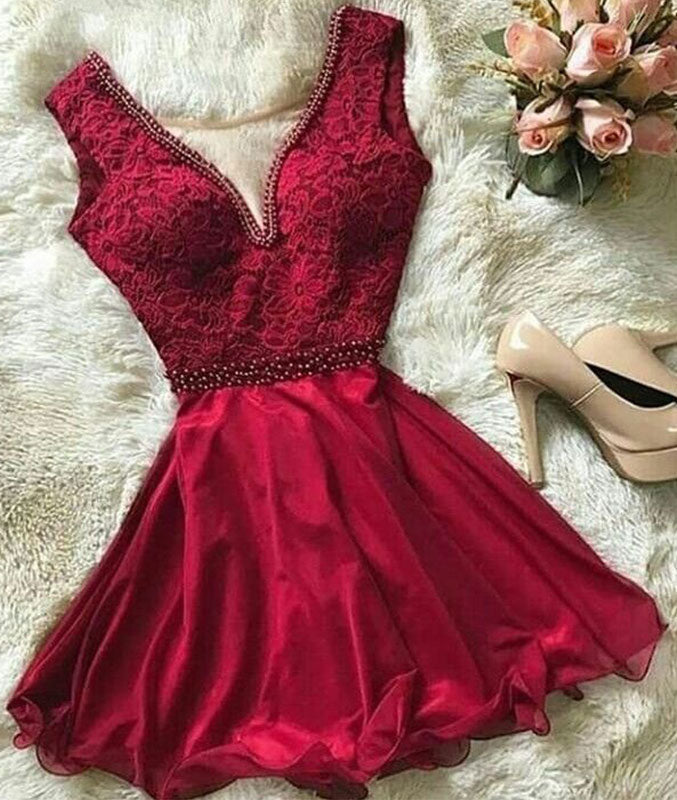 burgundy lace dress short