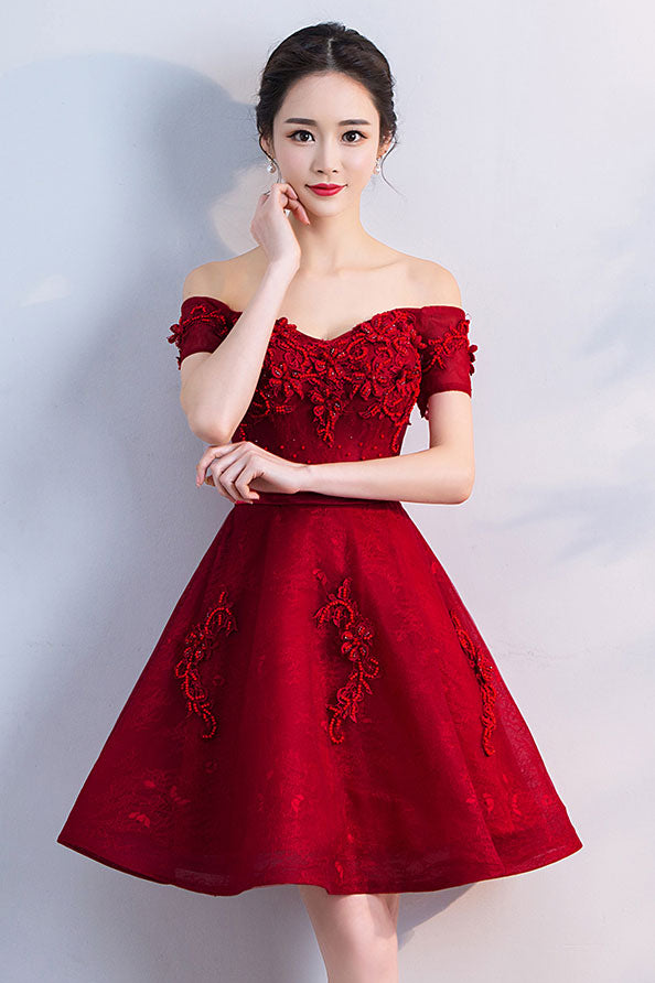 Burgundy tulle lace short prom dress, burgundy homecoming dress – shdress