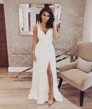 v neck white dress long