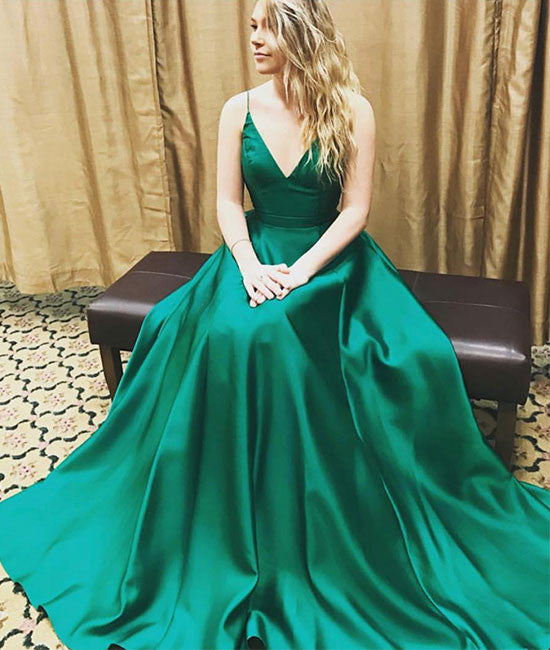 green v neck prom dress