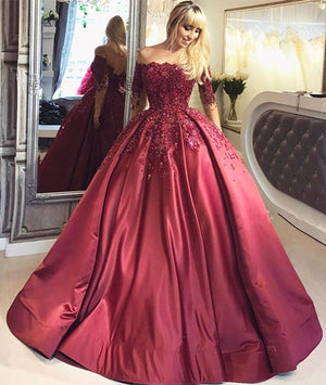 Burgundy lace satin long prom gown, burgundy evening dress – shdress