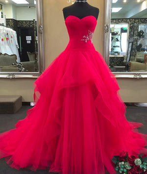 Red sweetheart neck tulle long prom dress, red evening dress – shdress