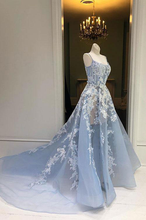 
                  
                    Blue tulle lace long prom dress, blue tulle evening dress
                  
                