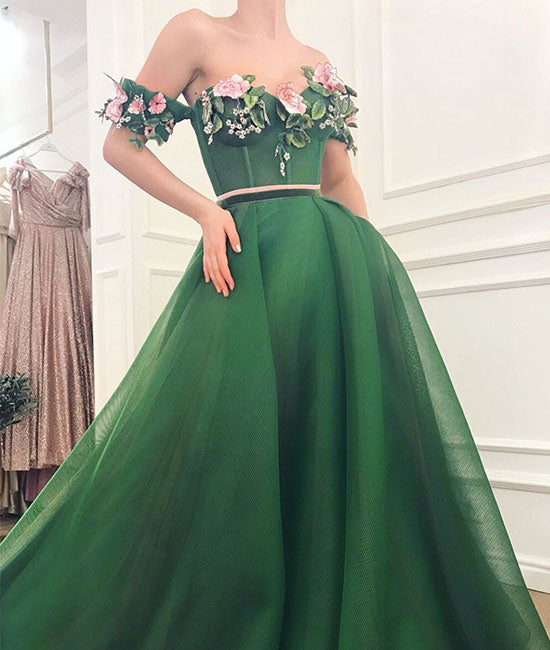 off shoulder green prom dress