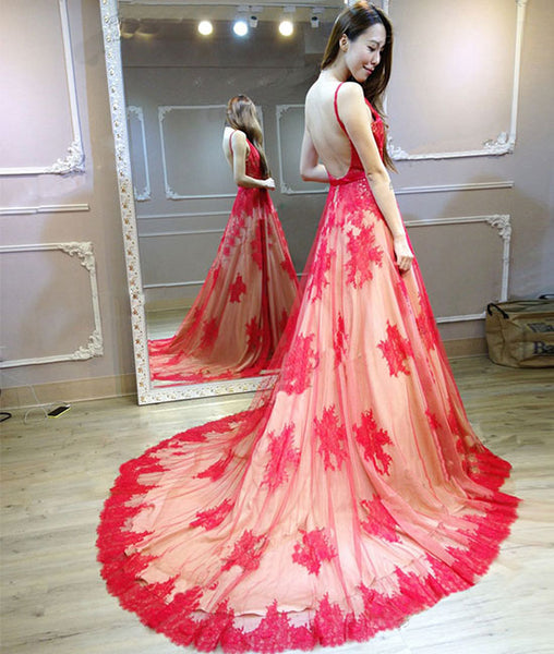 Red V Neck Lace Long Prom Dress Red Lace Evening Dress Shdress 6737