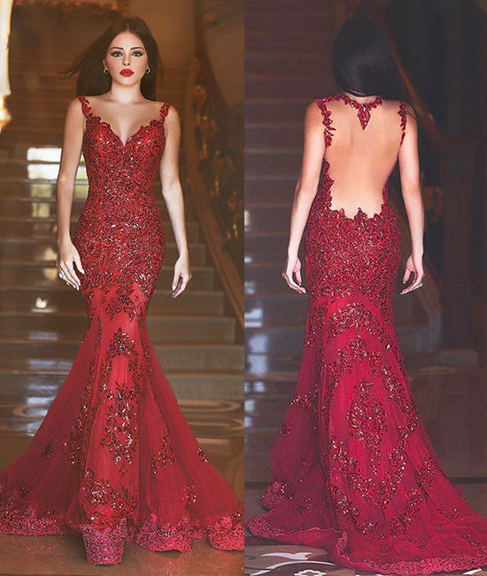 Red lace sequin long mermaid long prom 