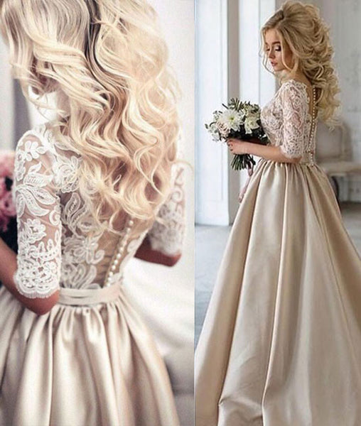 Unique Champagne v neck lace prom dress, champagne wedding dress – shdress