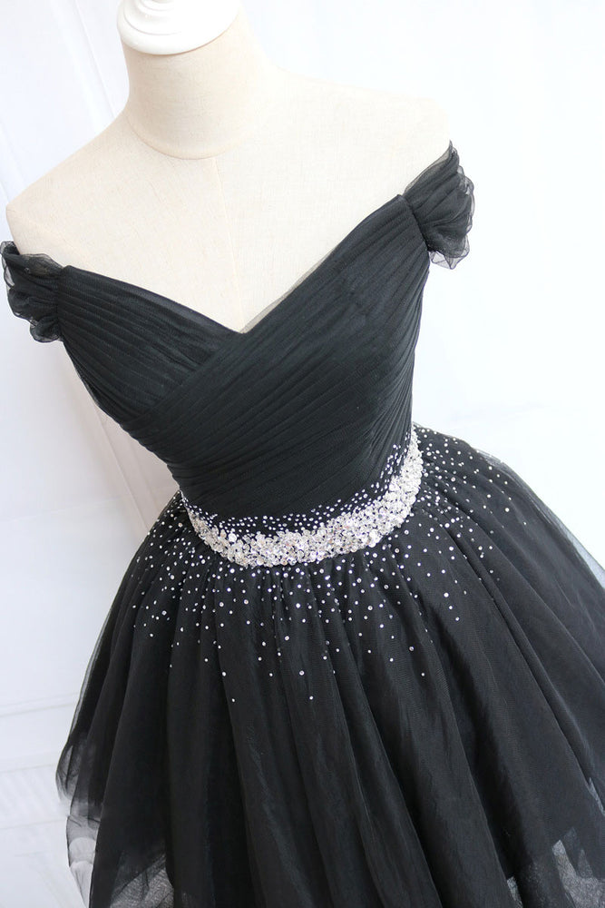 off the shoulder black homecoming dress