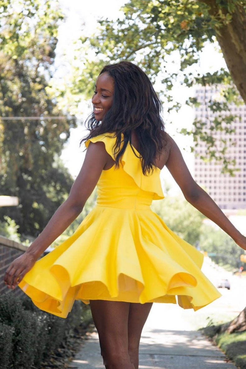 yellow short prom dress