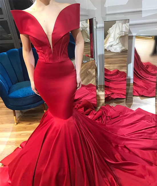 Unique red satin mermaid long prom dress, evening dress – shdress