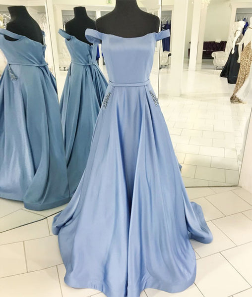 Simple off shoulder blue long prom dress, blue evening dress – shdress