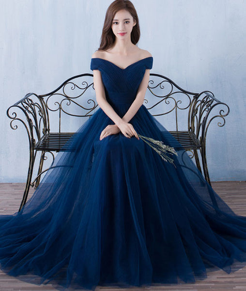 Simple A line dark blue  tulle long prom for teens blue  