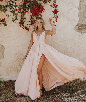 light pink floral prom dress