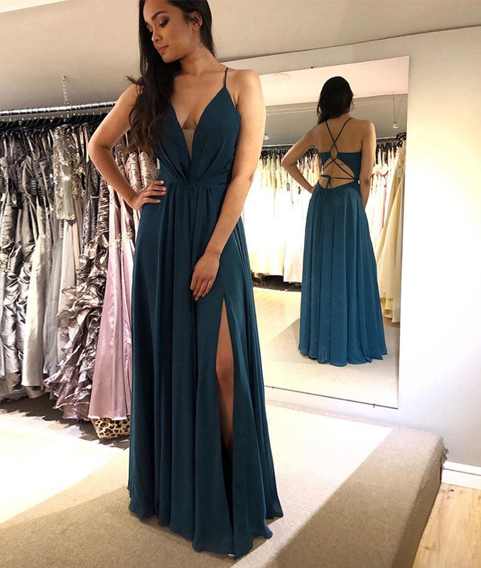 green v neck prom dress