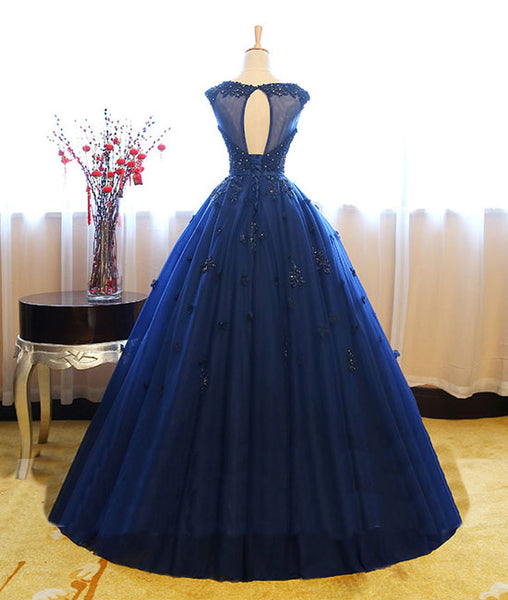 Dark blue tulle lace long prom dress, dark blue sweet 16 dress – shdress