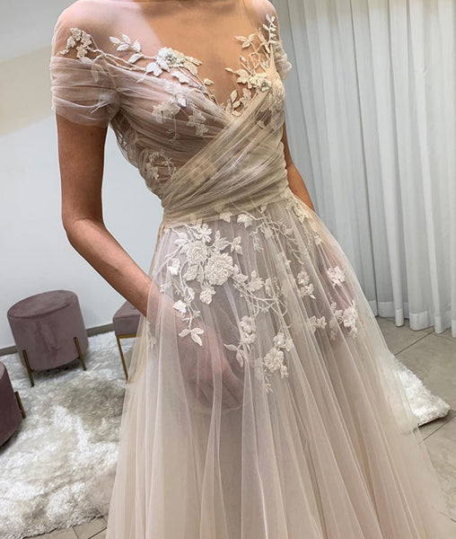 Light champagne tulle lace long prom dress, lace evening dress – shdress