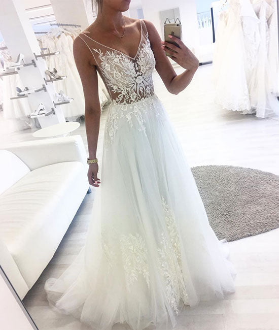 White v neck tulle lace long prom dress, white tulle evening dress ...