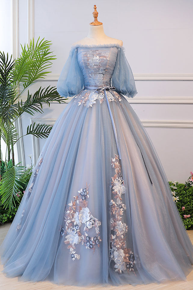 Unique blue tulle lace long prom dress, blue evening dress – shdress