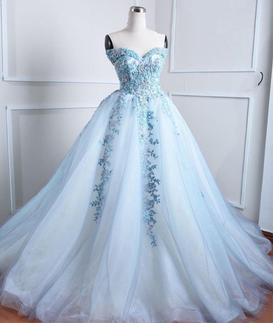 Light blue tulle lace applique long prom dress, blue evening dress ...