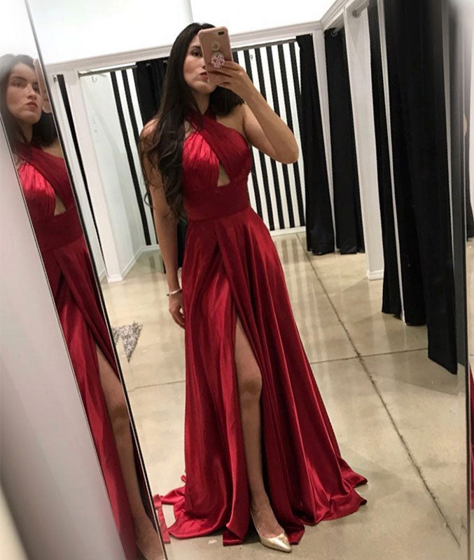 burgundy satin prom dress