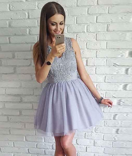 Gray V Neck Lace Tulle Short Prom Dress Homecoming Dress Shdress