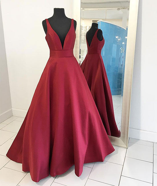 Red V Neck Satin Long Prom Dress Red Evening Dress Shdress