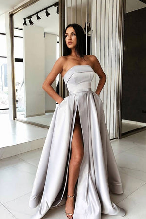 Simple gray satin long prom dress, gray 