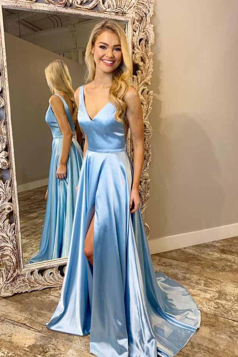 Simple blue v neck long prom dress, blue formal dress – shdress