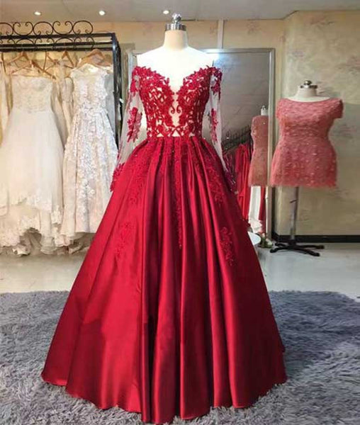 Red long sleeves lace long prom dress, red evening dress – shdress