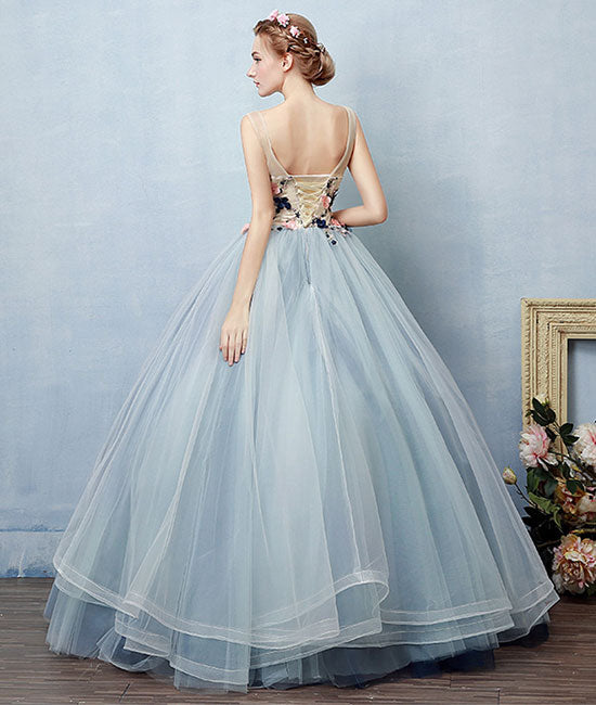Unique round neck tulle applique long prom dress, blue evening dress ...