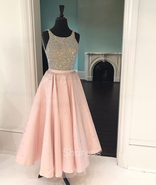 Cute pink sequin tea-long prom dress 