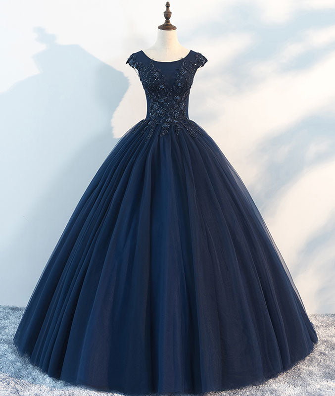 Dark blue round neck tulle lace long prom dress, blue tulle lace eveni ...