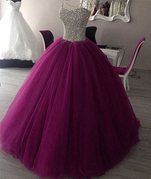Sweetheart neck tulle burgundy prom dress, evening gown, sweet 16 dres ...